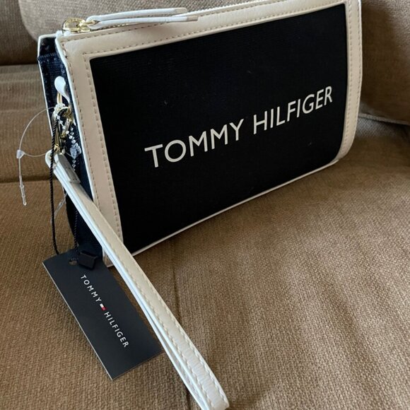 TOMMY HILFIGER WRISTLET CLUTCH BAG NAVY WHITE - Picture 4 of 7